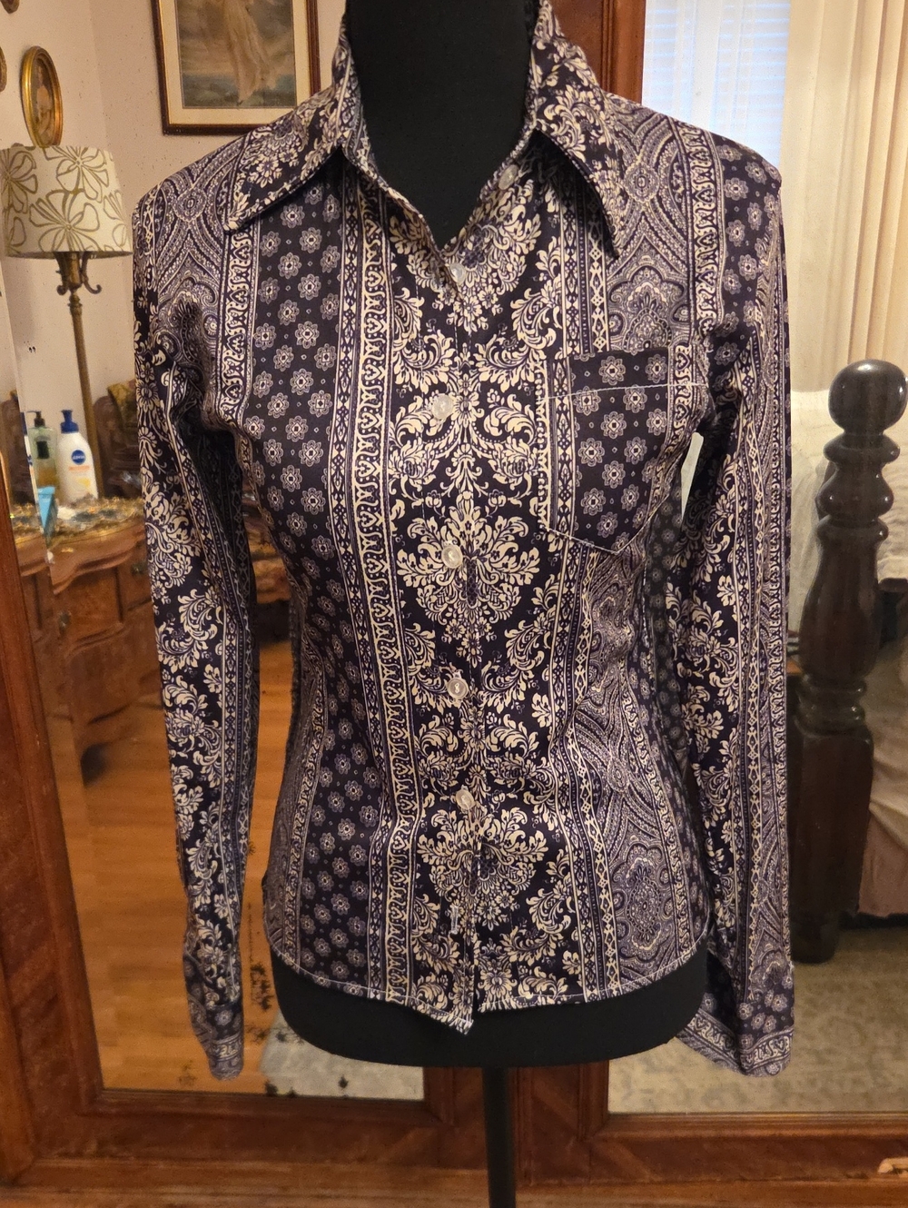 Vintage Dollhouse Black and Cream Paisley Button-Down Shirt